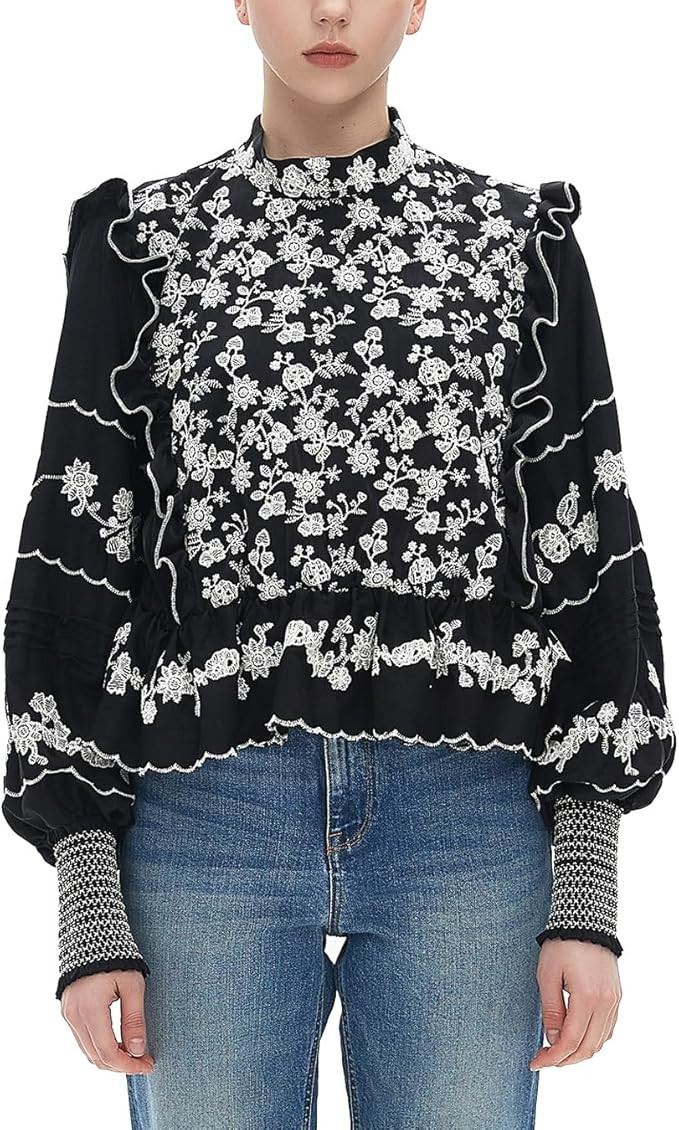 D-Sun Women's Long Sleeve Shirts Fall Tops Floral Embroidered Blouse Casual Elastic Waist Babydol... | Amazon (US)