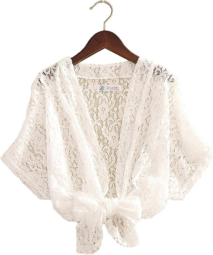 PEHMEA Women's Tie Lace Crochet Shrug Cropped Bolero Short Sleeve Sheer Cardigan | Amazon (US)