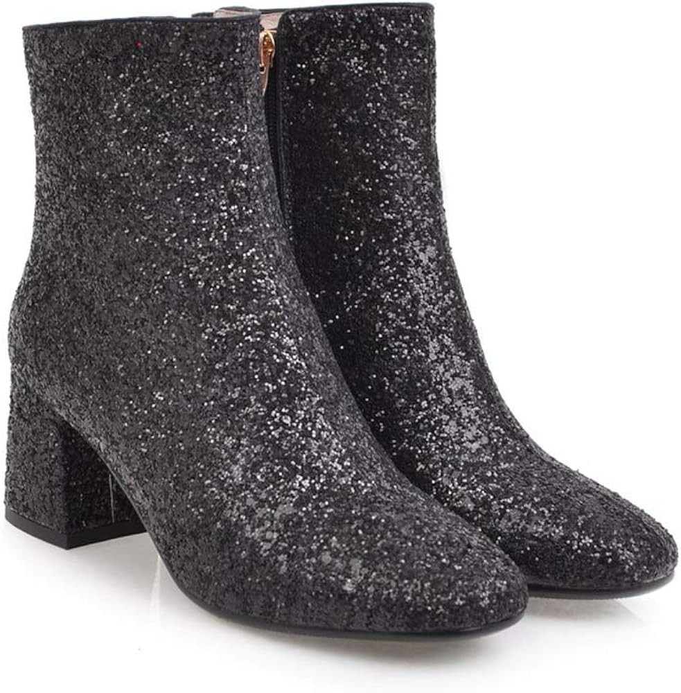 Elyffany Womens Mid Block Heel Glitter Ankle Boots Ladies Zipper Party Prom Booties | Amazon (US)