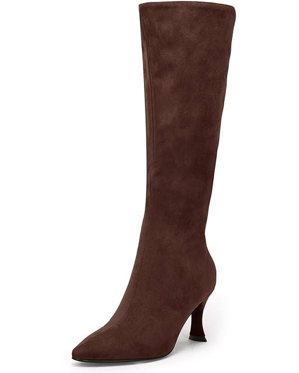 Coutgo Womens Knee High Boots Pointed Toe Kitten Heel Side Zipper Stretchy Vegan Suede Comfort Fa... | Amazon (US)