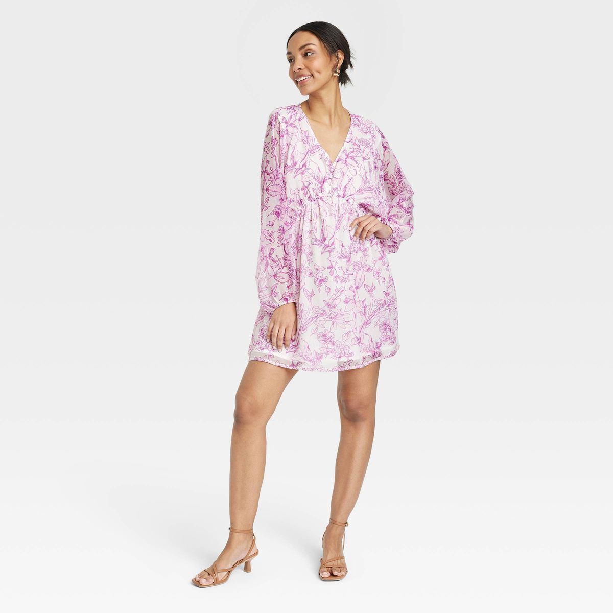 Women's Balloon Sleeve Mini Dress - A New Day™ Cream/Purple Floral M | Target