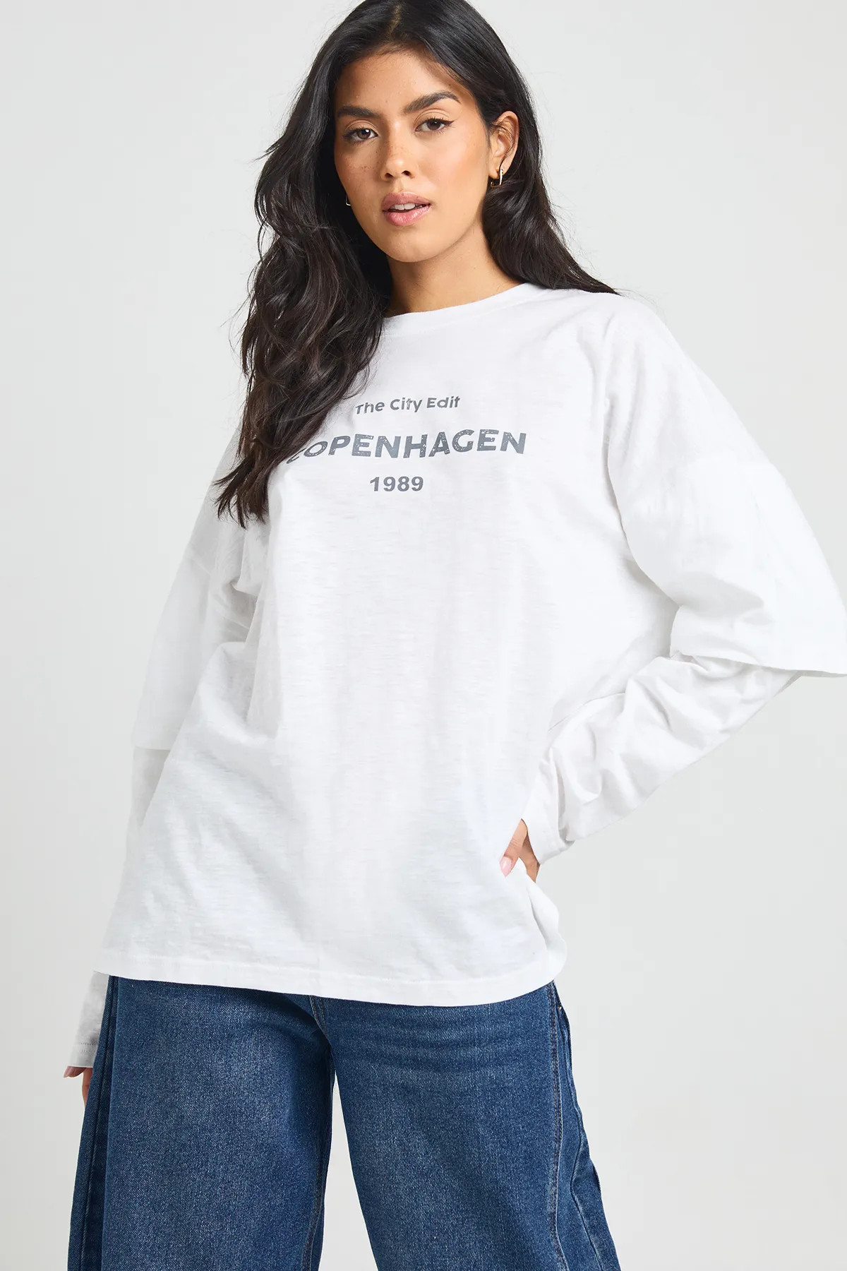 White Copenhagan Printed Double Long  Sleeve T-shirt | Boohoo | Boohoo.com (UK & IE)