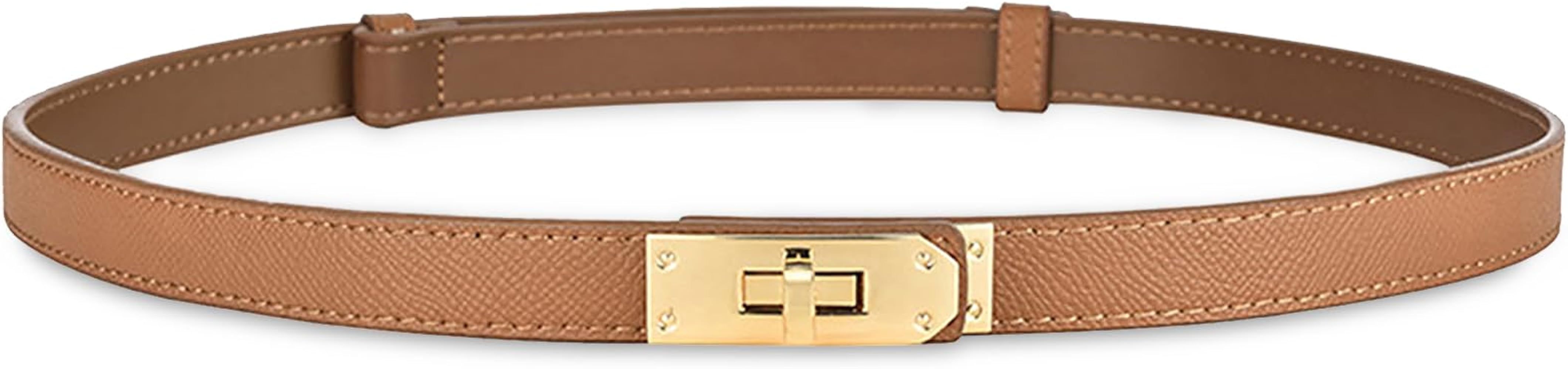 Women's Skinny Leather Belt with Adjustable Silver Turn-Lock Buckle - Ideal for Dresses, Jeans, a... | Amazon (US)