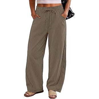ANRABESS Womens Striped Barrel Casual Pants 2026 Trendy Summer Elastic Drawstring Baggy Lounge Wi... | Amazon (US)