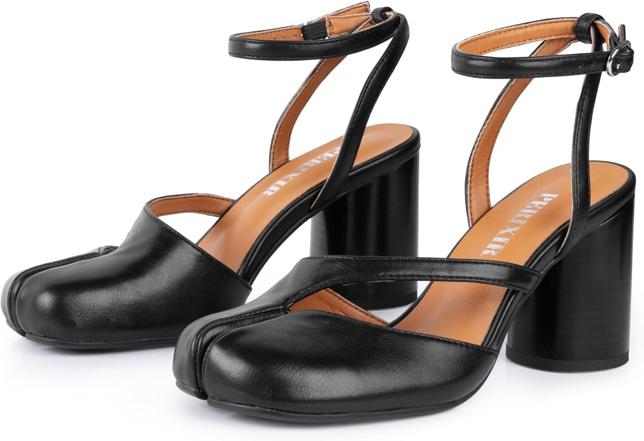 perixir Black Tabi Shoes Heeled Sandals with Block Heel Elegant Closed Split Toe Slingback Heels ... | Amazon (US)