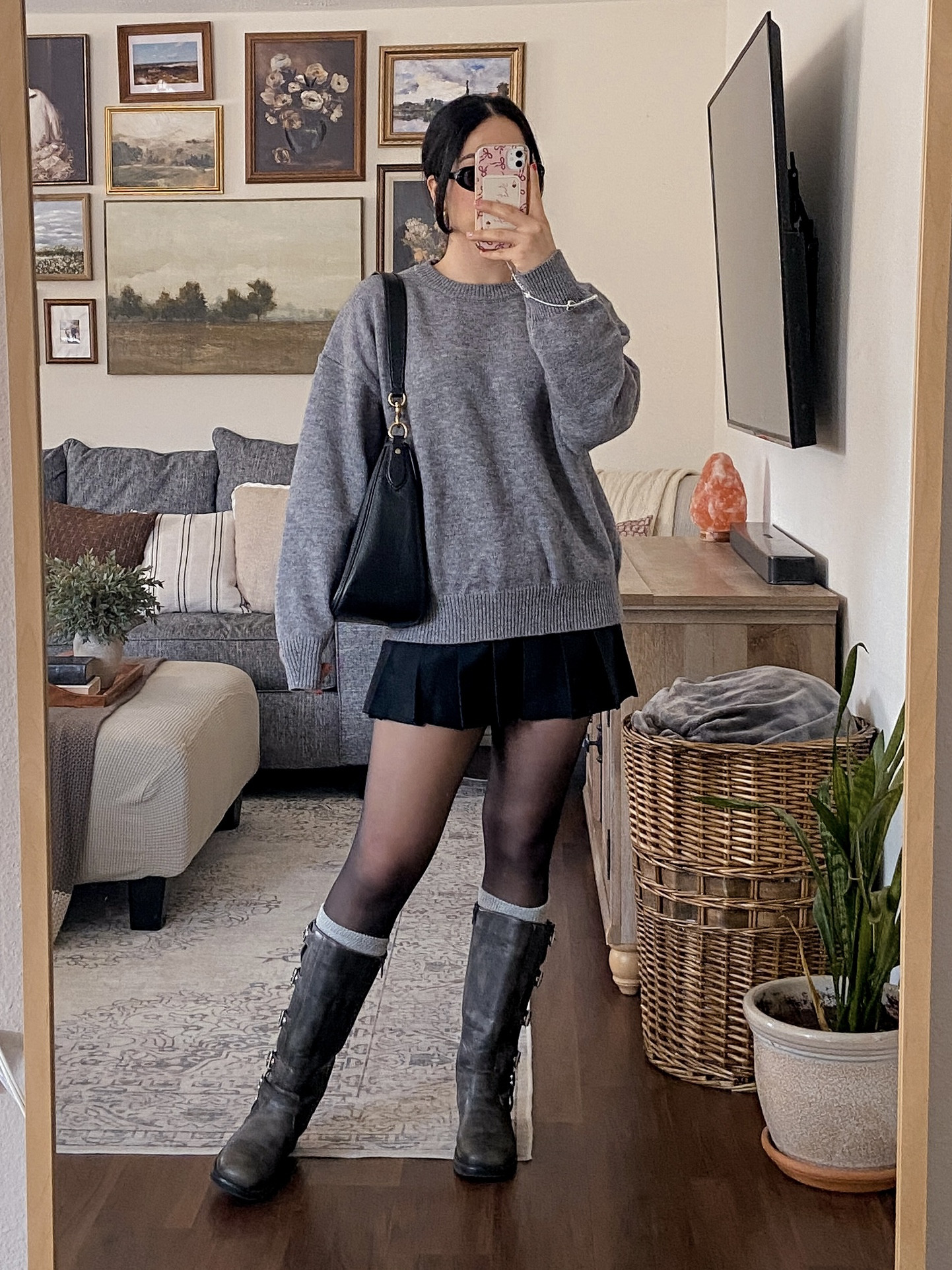part 2 • recreating a pinterest inspired outfit 📌👀❤️ pinterest inspired outfit, cool girl chic outfit, oversized grey sweater outfit, amazon sweater outfit, black tennis skirt outfit, sheer tights outfit, knee high socks outfit, moto boots outfit, trendy fall outfit, elevated casual look, oversized sweater styling, tennis skirt winter outfit, sheer tights styling, knee high moto boots, layered fall outfit, monochrome neutral outfit, cozy chic layering, casual street style look, coach shoulder bag outfit, trendy sunglasses outfit, chic everyday accessories, designer shoulder bag look, cool girl accessories, minimal accessories styling, cool girl aesthetic, parisian inspired outfit, nyc street style, pinterest fashion inspo, downtown girl vibes, effortless chic energy, fashion girl outfit, modern feminine style, street style aesthetic  

 #LTKdayinmylife #LTKgrwm #LTKootd