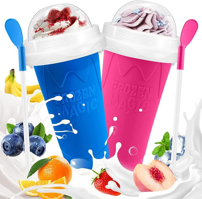 FANS-ONE Slushie Cup, 2 Pack Slushy Maker Cup, DIY Magic Squeeze Cups for Juice Milk Yogurt Ice Cream Make, Frozen Cooling Cup with Lid & Straw Cool Stuff Things for Kids Friends Family (Blue+Pink) | Amazon (US)