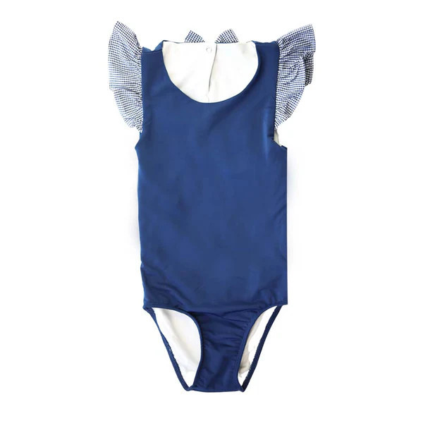 Charleston Navy Seersucker Ruffle Swimsuit | The Bella Bean