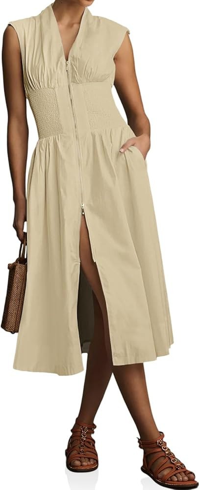 Wenrine Womens Summer Smocked Midi Dress Casual Zipper V Neck Cap Sleeve High Slit Flowy Long Dre... | Amazon (US)