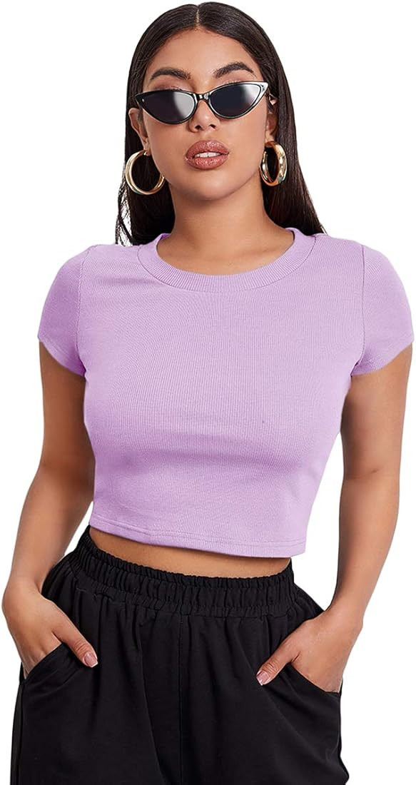 Romwe Women's Casual Summer Crop Top Solid Short Sleeve Workout Crop Blouse Tee T-Shirt | Amazon (US)