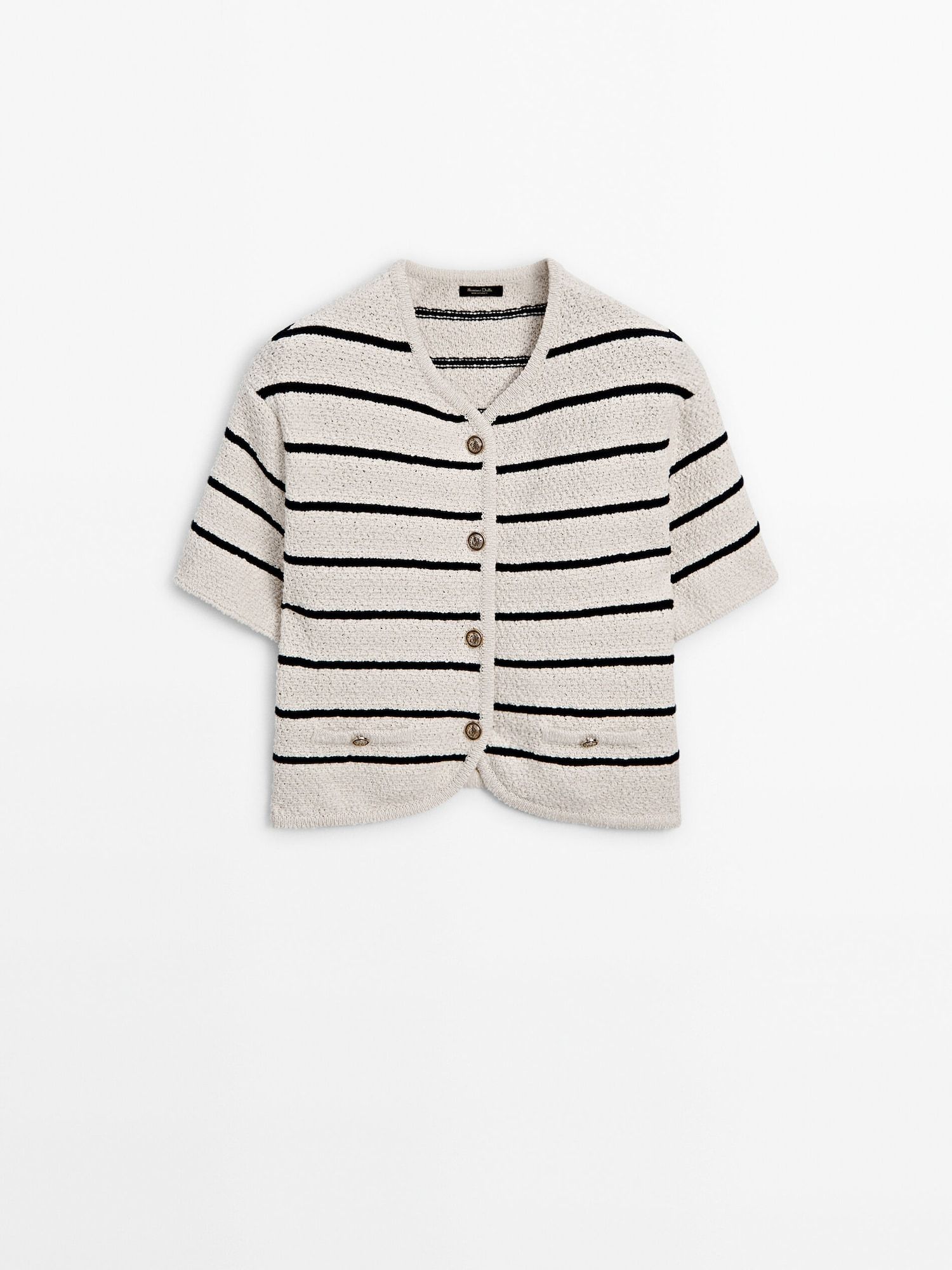 Striped short sleeve textured knit cardigan | Massimo Dutti UK