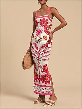 Floerns Women's Tropical Bow Tie Back Long Dress Sleeveless Split Vacation Maxi Dress | Amazon (US)