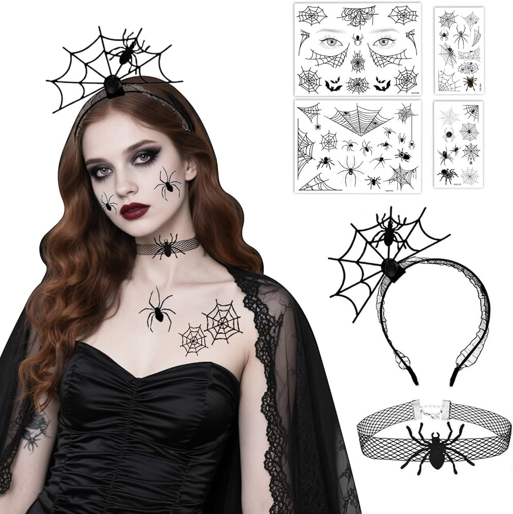 6 Pcs Halloween Spider Headband Set, Spider Web Headband with Tattoo Choker, Face Eyeliner Makeup... | Amazon (US)