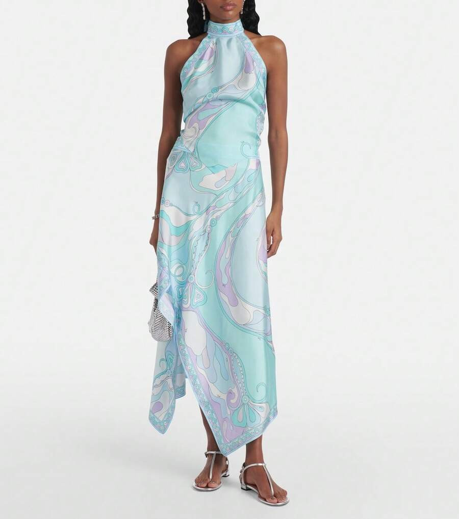 Local2026 New Printed Satin Halter Neck Backless Top With Irregular Skirt | SHEIN