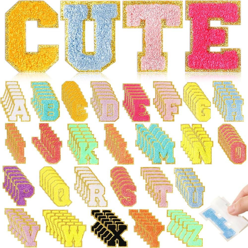 156 Pcs Chenille Letter Patches Iron on Glitter Self Adhesive Letters Chenille College Patches Ir... | Amazon (US)