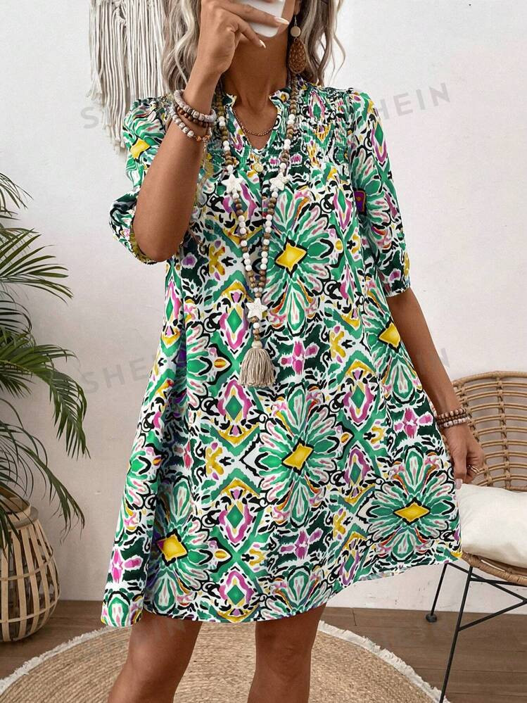 SHEIN LUNE Women's Floral Print Notch V-Neck Loose Dress | SHEIN USA | SHEIN