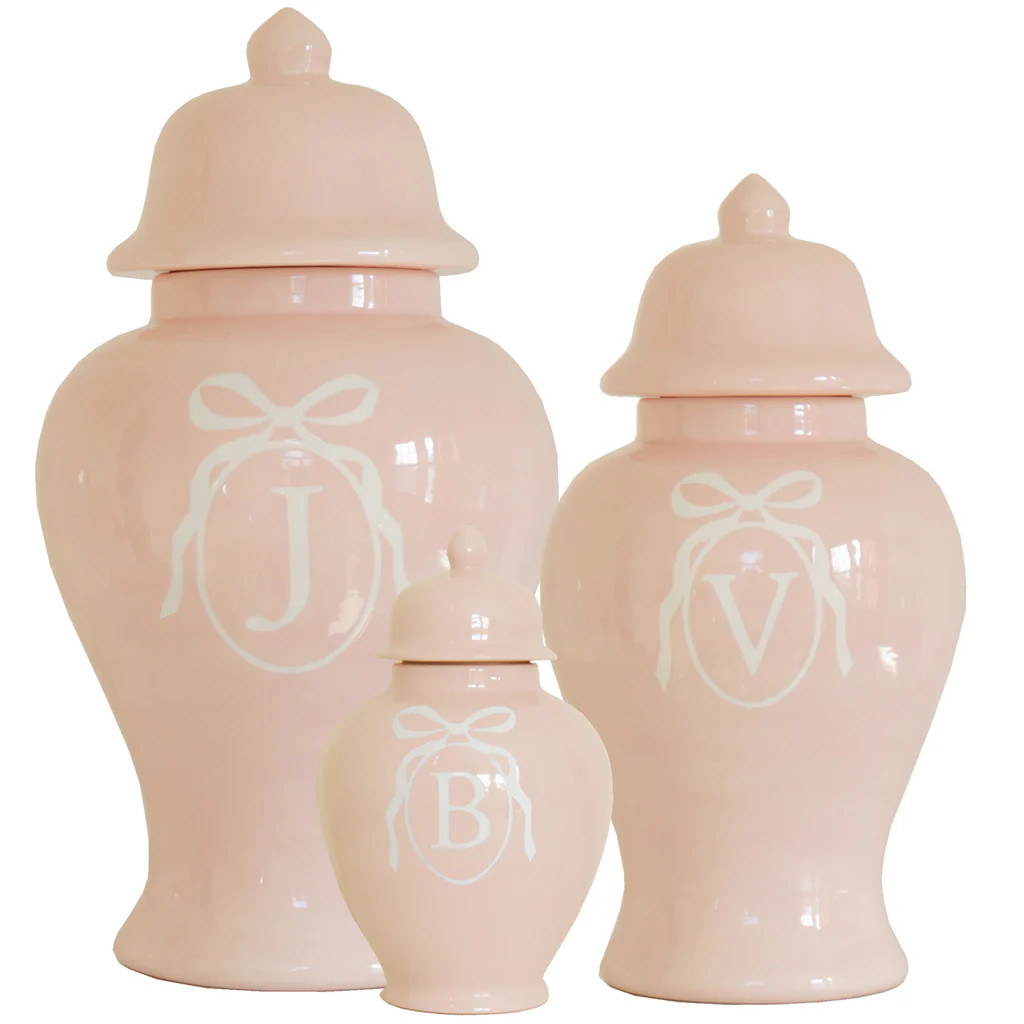 Monogrammed Bow Ginger Jars in Blush for Lo Home x Veronika's Blushing | Lo Home by Lauren Haskell Designs