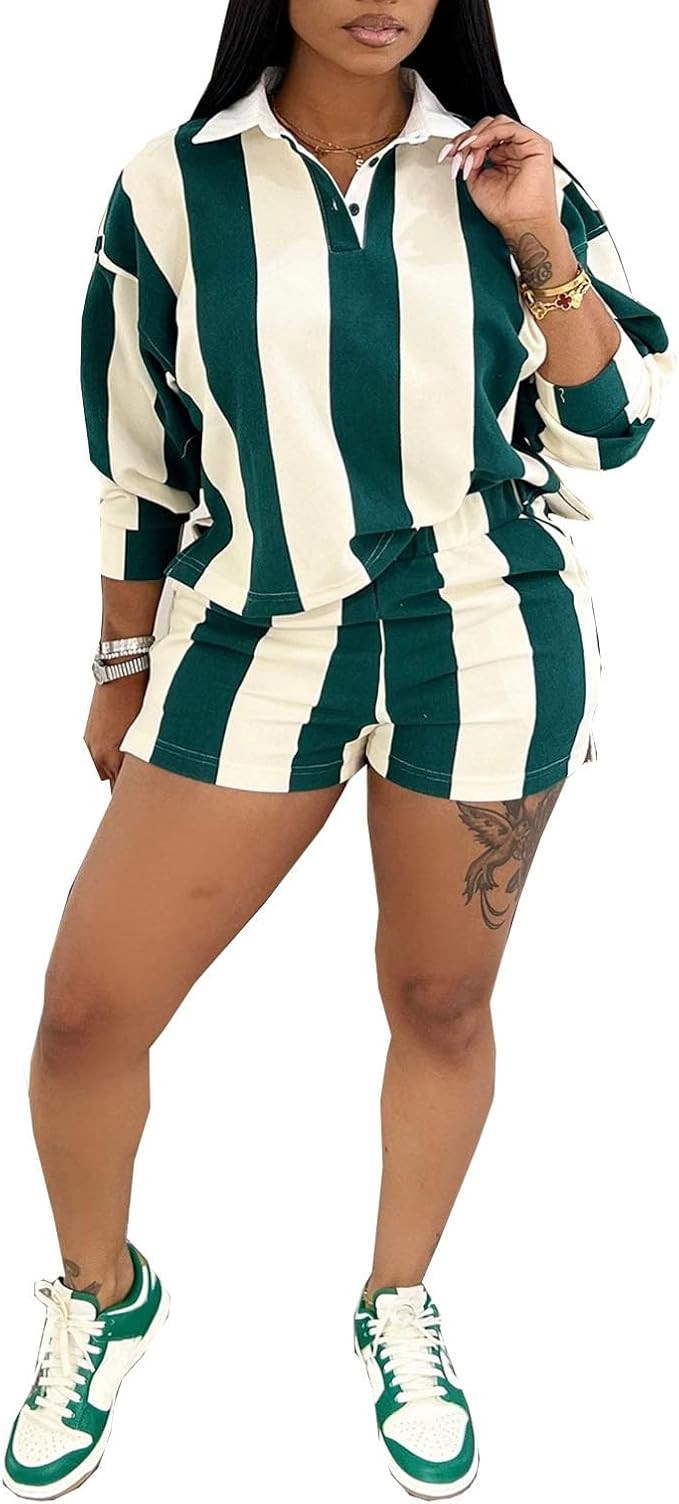 Women's Summer Tracksuits 2 PCS Striped Color Block Lapel Neck Button Long Sleeve Top Elastic Wai... | Amazon (US)