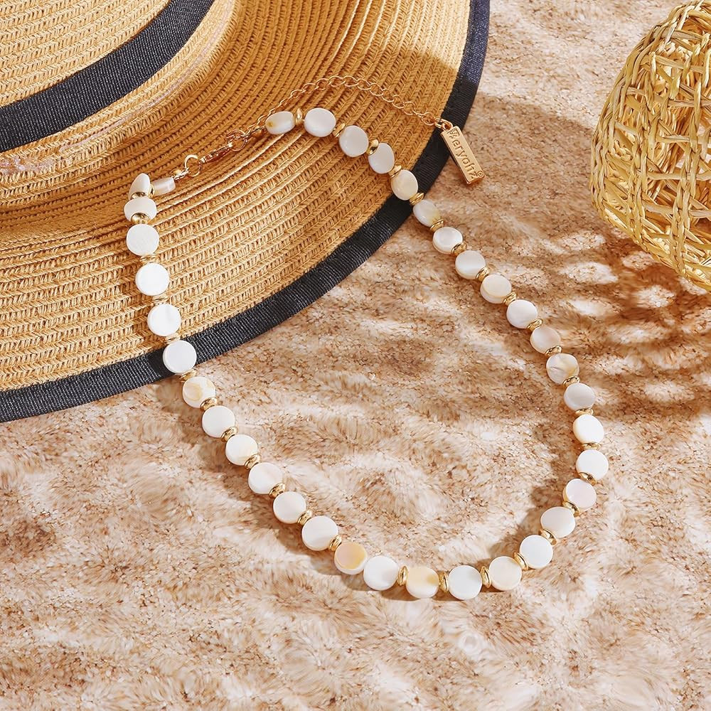 Handmade Sea Shell Necklace Summer Round Coin Beads Natural Mother of Pearl Collar for Women(BN-0... | Amazon (US)