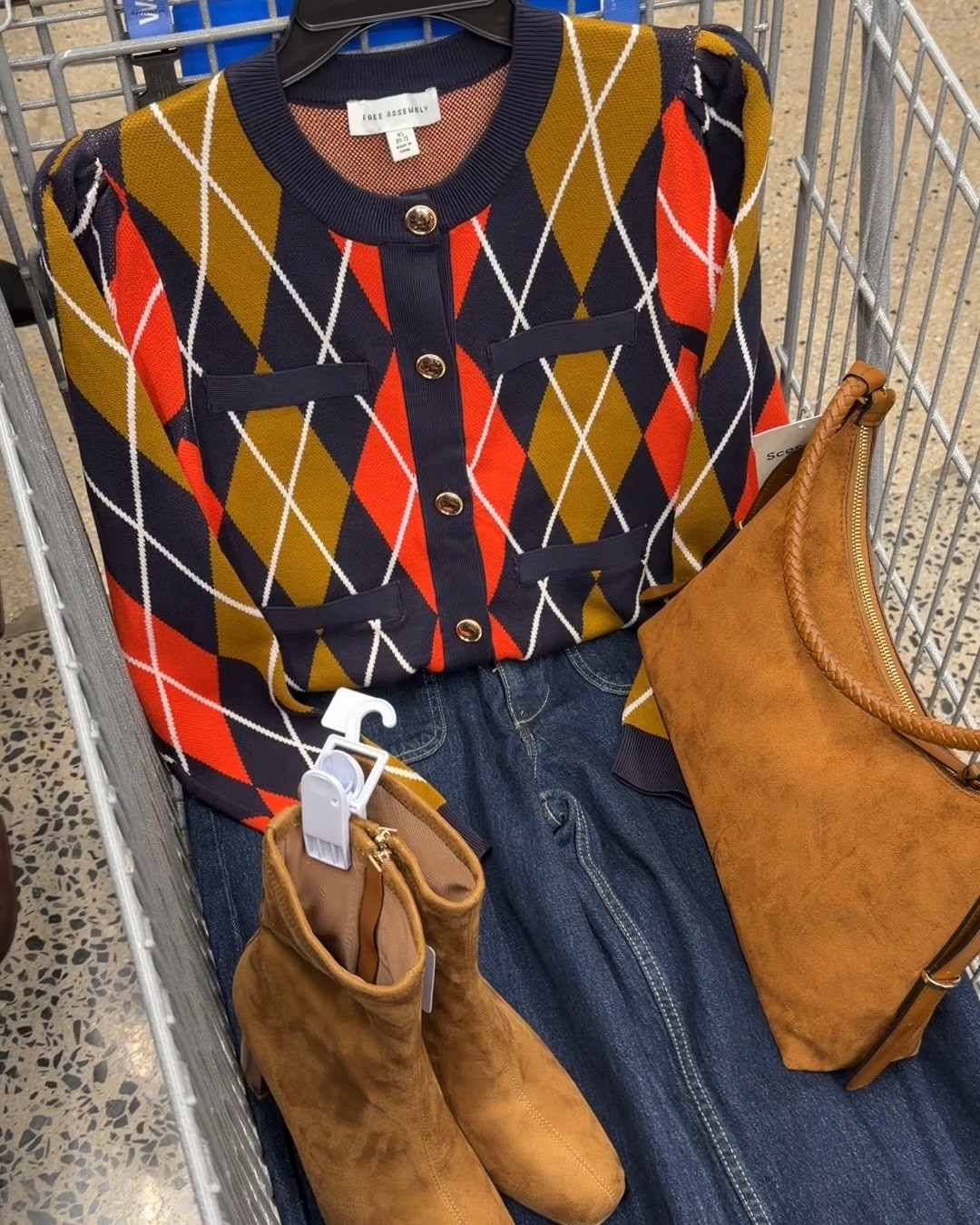 Walmart fall outfit idea with this argyle lady cardigan jacket that is such nice quality! Swipe to see the AI Visualization. #walmartfashion