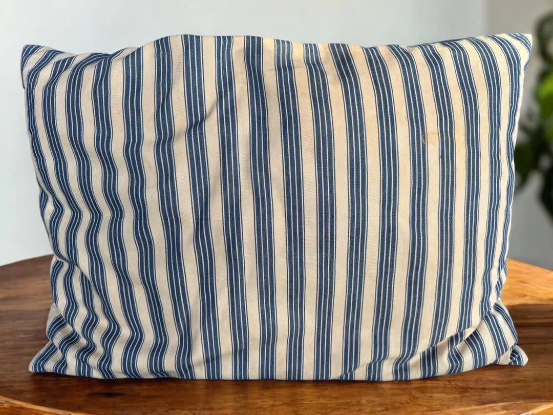 Vintage Indigo Blue and Khaki Stripe Ticking Feather Pillow - Etsy | Etsy (US)
