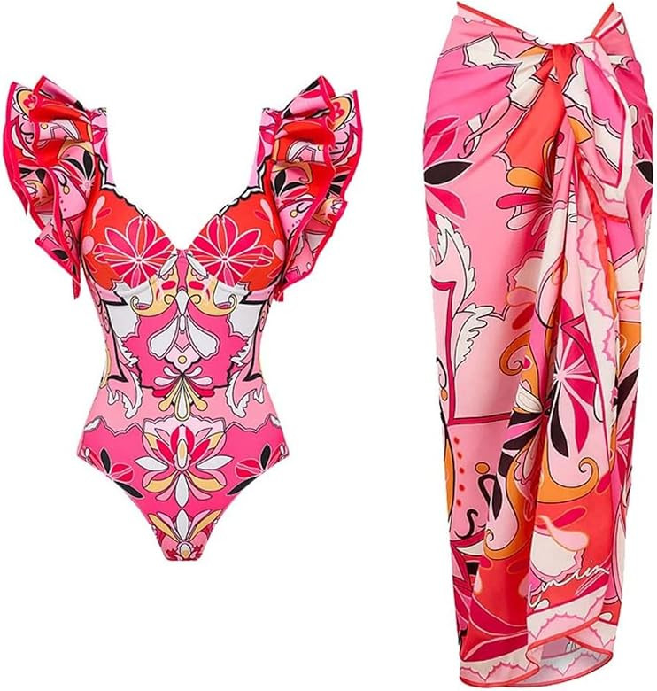 FLAXMAKER Ruffle Blue and White Porcelain Pattern Majolica Print One Piece Swimsuit and Skirt/Sar... | Amazon (US)