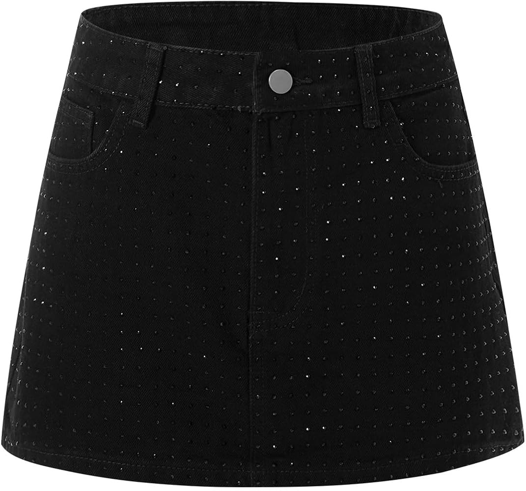 Women's Rhinestone Denim Mini Skirt Y2k Glitter Bodycon Party Club Jean Skirts Night Out Outfit | Amazon (US)