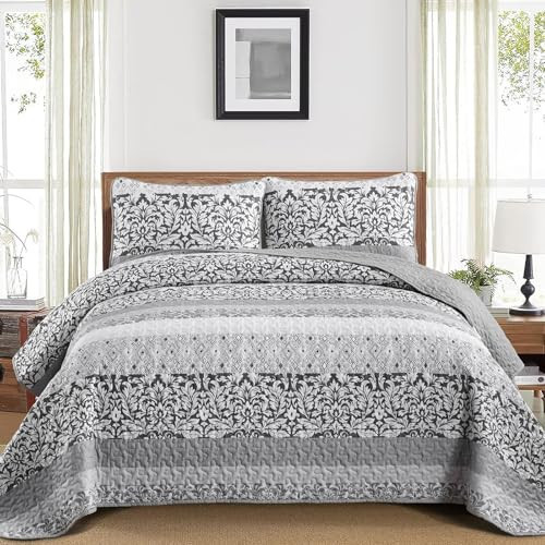 Gray Boho Quilt Set King Size Dark Grey Patchwork Striped Bedspread Coverlet Set 3 Piece, Soft Microfiber Paisley Print Bedding Set for All Season, 104''x90'' | Amazon (US)