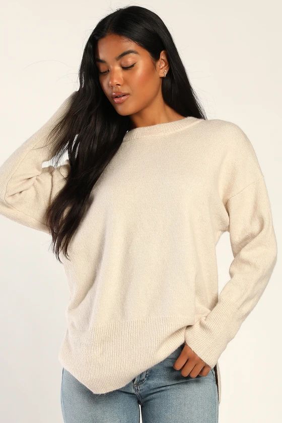 Autumn Allure Ivory Crew Neck Oversized Pullover Sweater | Lulus