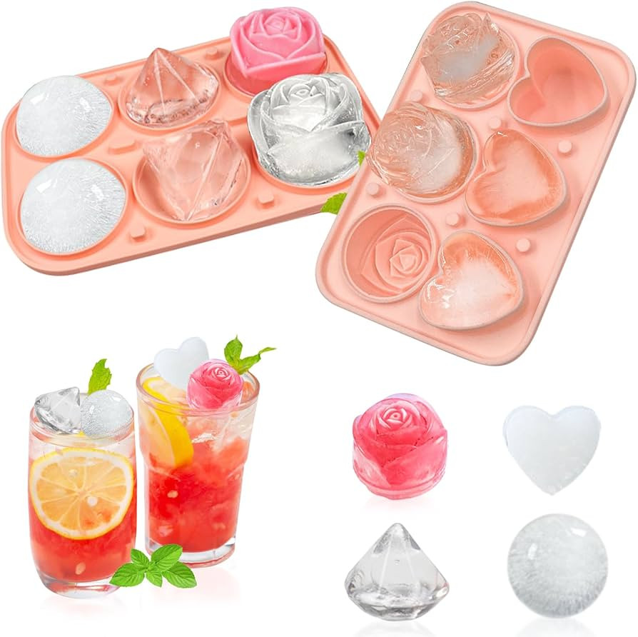 Silicone Ice Cube Tray 2 Pack, 3D Large Ice Cube Molds Rose Diamond Heart Sphere, Fun Multi-Shape... | Amazon (US)
