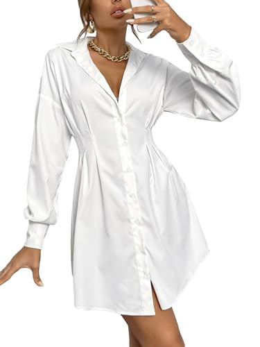 GORGLITTER Women's Button Up Long Sleeve Mini T Shirt Dress Lapel Collar Pleated Flared Short Dresses Solid White Large | Amazon (US)