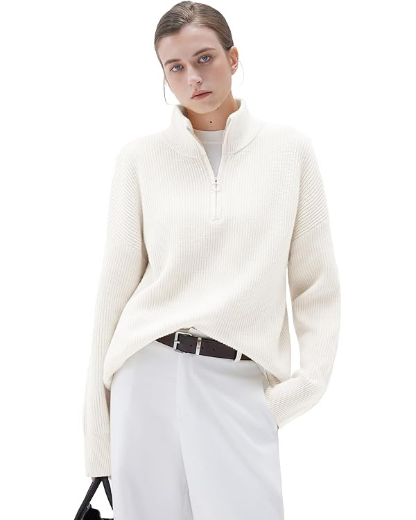 SUUKSESS Women Cashmere Oversized Quarter Zip Pullover Sweater Long Sleeve Collared Ribbed Knit J... | Amazon (US)