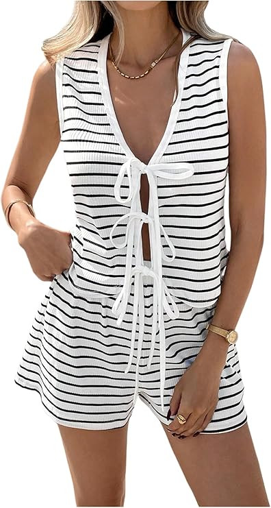 SOLY HUX Women's Summer 2 Piece Outfits Striped Bow Tie Front V Neck Tank Tops and Shorts Set | Amazon (US)