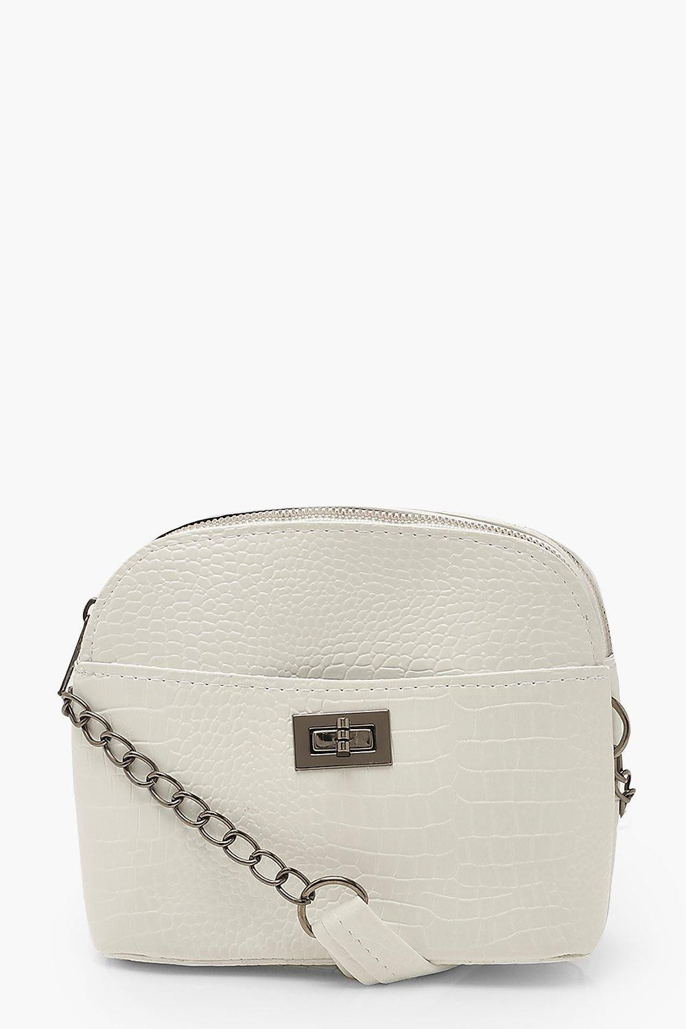 Womens Croc Twist Lock Double Pocket Cross Body Bag - White - One Size | Boohoo.com (US & CA)