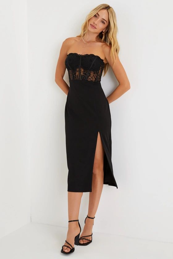 Exquisitely Sultry Black Lace Strapless Bustier Midi Dress | Lulus