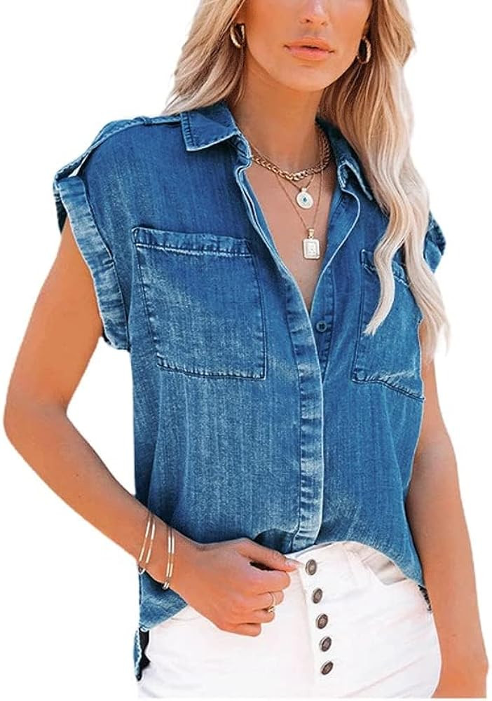 chouyatou Women's Casual Distressed Button Down Sleeveless Denim Jean Shirt Tops | Amazon (US)