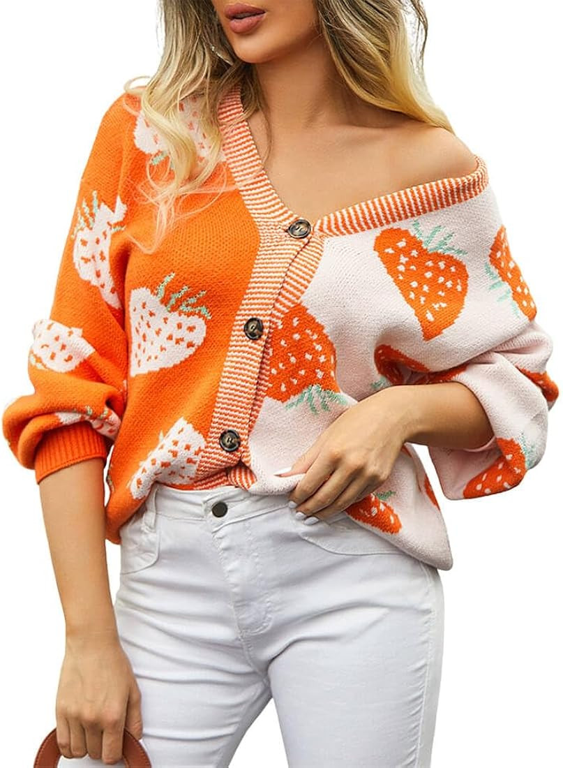 CHARTOU Women's Fall Casual Slouchy Strawberry Print Color Block Button Down Cardigan Sweater | Amazon (US)