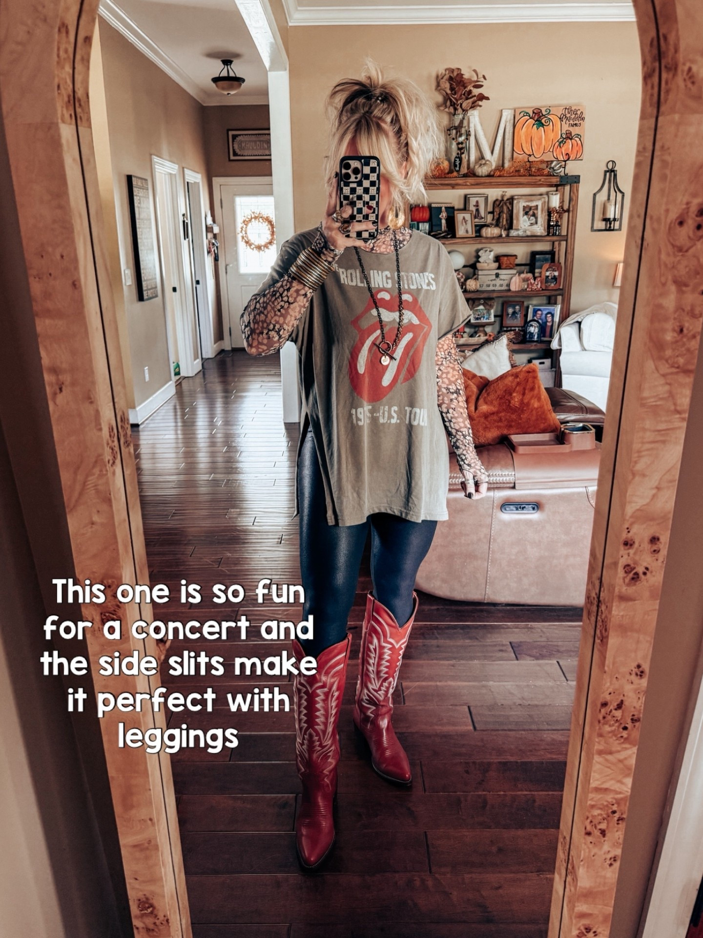 Mesh top - M
Tee - XL
Leggings - M
Boots - true to size 
Necklace & Earrings are @twistedsilver save with code MANDIE20

#LTKOver40 #LTKStyleTip #LTKFindsUnder100