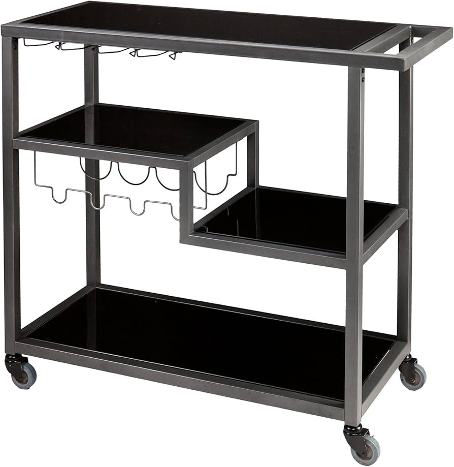 SEI Furniture Zephs Metal and Tempered Glass Locking Castor Wheels Bar Cart, Gunmetal, Black | Amazon (US)