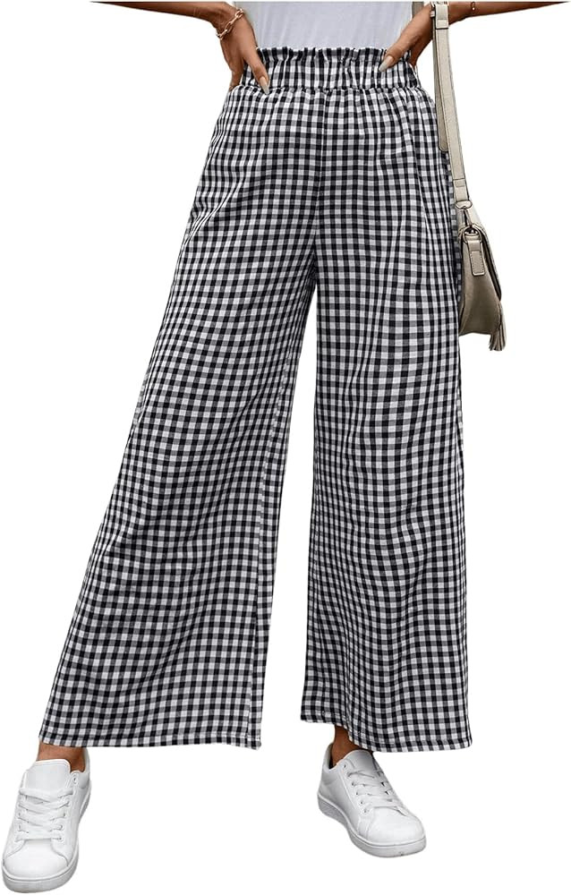 MakeMeChic Women's Gingham Palazzo Long Pants Elastic Waist Wide Leg Frill Trim Straight Loose Tr... | Amazon (US)