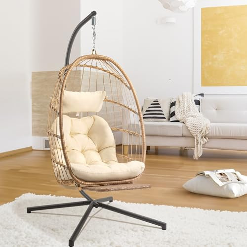 Hanging Egg Chair with Stand and Footrest for Indoor Outdoor - Patio Swing Egg Chairs Wicker Hammock Chair Bedroom, Aluminum Steel Frame and UV Resistant Cushion 370LBS Capacity for Kids Adults, Beige | Amazon (US)
