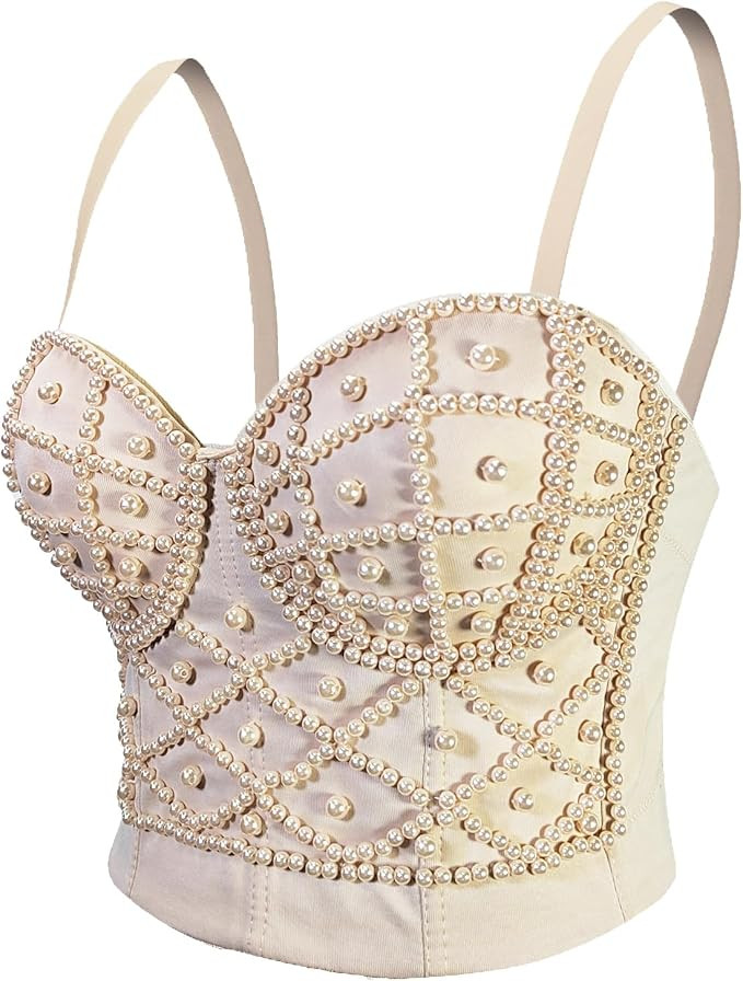 Women's Strap Beads Bustier Corset Crop Top Club Party Bra | Amazon (US)