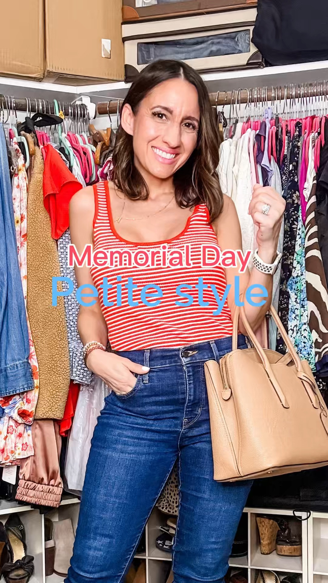 Memorial Day style ideas. 
Red and white knit tank top and dark wash Levi’s jeans. 
Top runs big. Go down 1 size. 
Jeans run true to size. 
Taupe / tan Kate Spade hand bag. 
Wedge sandals. 
Petite outfit 
Date outfit

#LTKPetite #LTKOver40 #LTKSeasonal