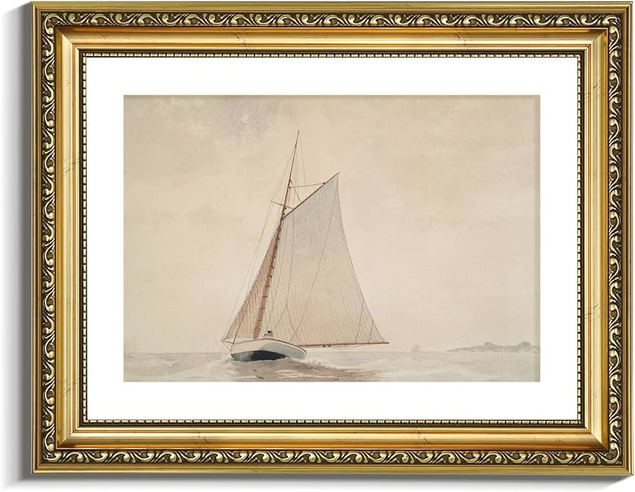 VIYYIEA Gold Framed Wall Art Canvas Print Home Decor for Living Room White Sailboat Seascape Wate... | Amazon (US)
