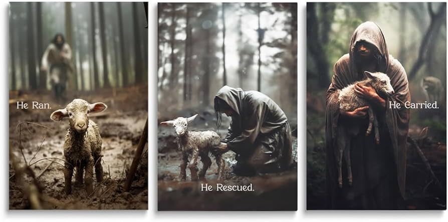 SKYSUKEY Jesus and Lamb Canvas Wall Art Jesus Runs Towards A Lost Lamb Picture, "He Ran He Rescue... | Amazon (US)