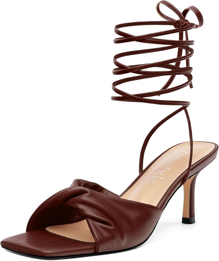 Strappy Heels for Women Lace Up Heels Tie Up Stiletto High Heeled Sandals Matte with Pleat Square... | Amazon (US)