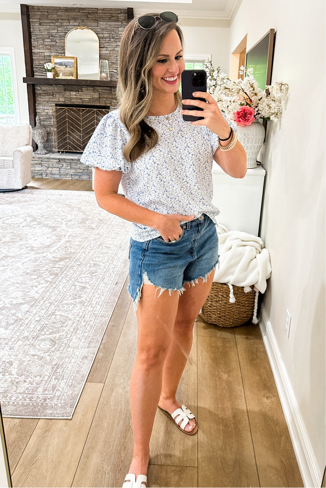 Summer outfit from Amazon! Been wearing these denim shorts on repeat. LOVE the cut, fit and distressing details! Holds you in and is the perfect pair of affordable jean shorts! Come in several washes too. 

Wearing a M in this blue floral puff sleeve top. ! The perfect spring and summer top! 

Casual summer outfit, sandals, Casual shirt, Amazon fashion finds, Amazon outfit, vacation look, travel outfit,  millennial style, mom fashion, Amazon basics 

#LTKFindsUnder50 #LTKStyleTip #LTKSeasonal