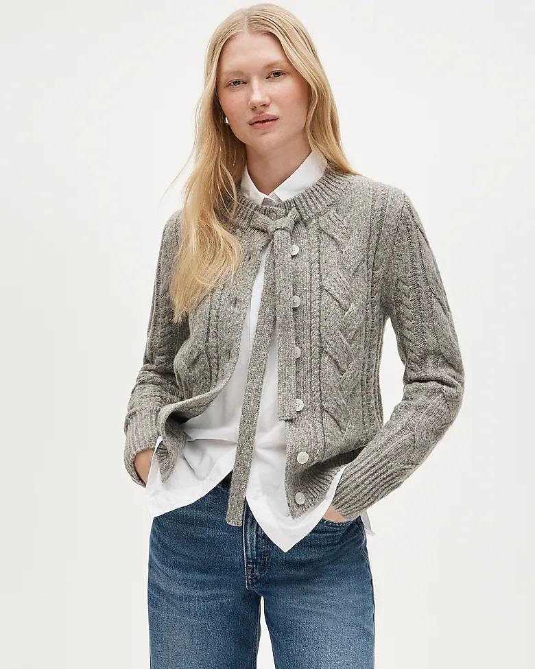 Cable-knit bow cardigan in wool blend | J. Crew US