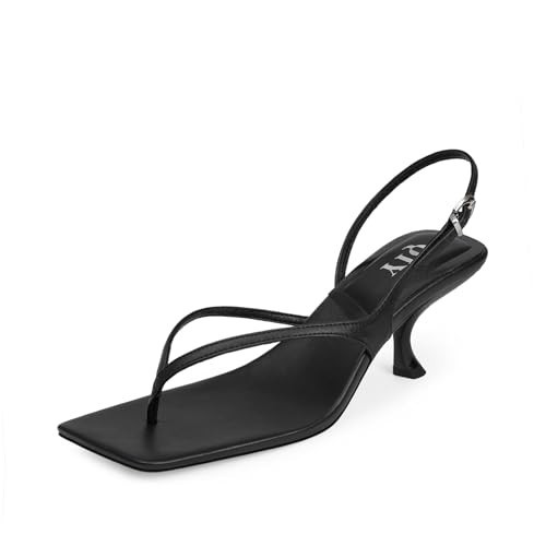 QIY Black Strappy Kitten Heels Open Toe Thong Sandals Square Toe Heeled Sandals Black Stiletto Heels Size 7.5 | Amazon (US)