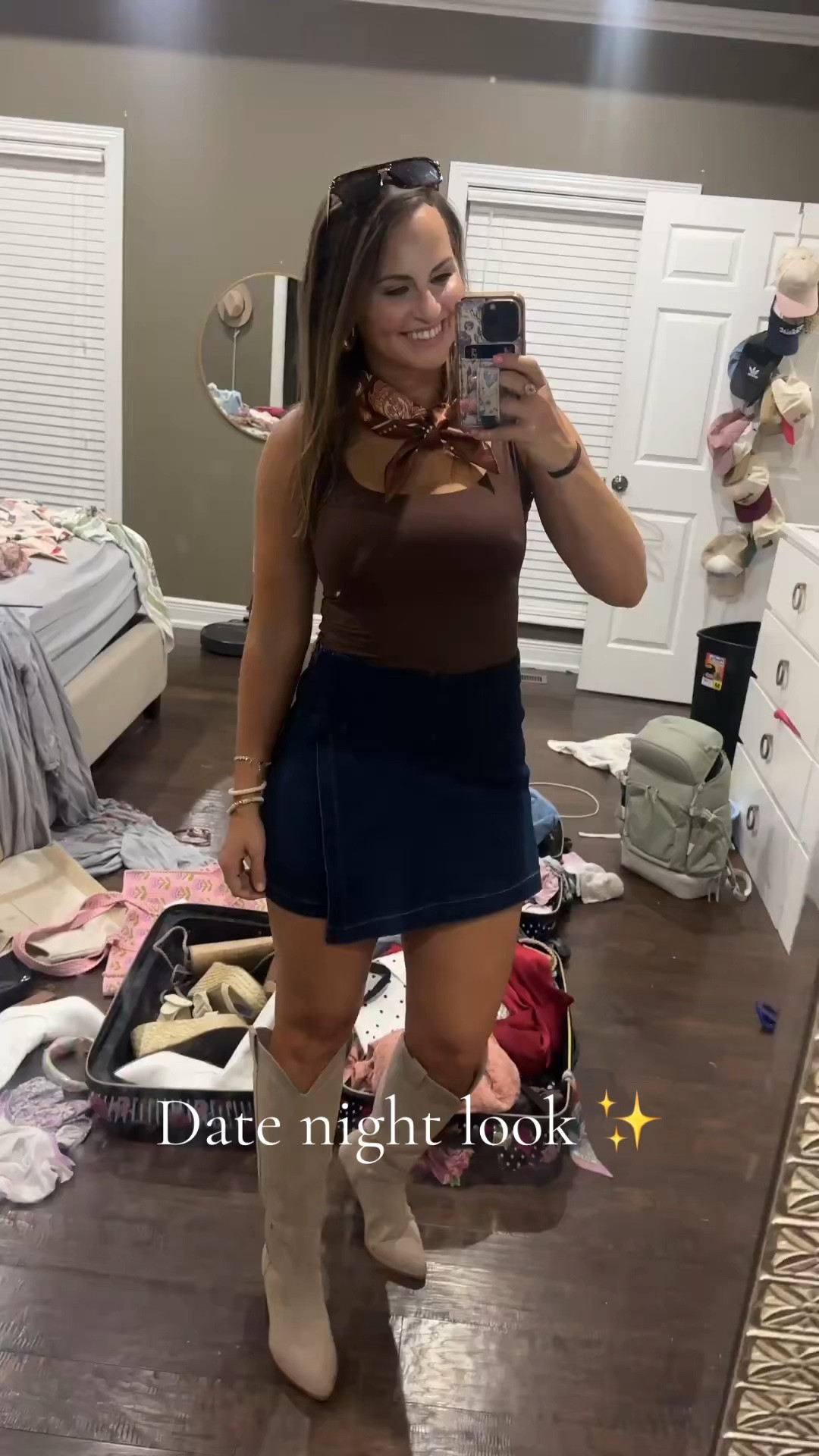 Cute fall outfit for a country concert or date night outfit!!! Wearing size M in wrap skirt & top! @pinklily boots are true to size and SO cute!! 😍 Scarves & chocolate brown are a huge fall trend and I think this look captures it perfectly!

#LTKgrwm #LTKootd #LTKSeasonal